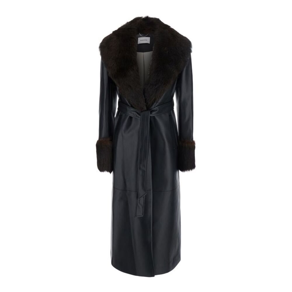 Markgong Women Long Leather Coat With Black Fur Collar For Men